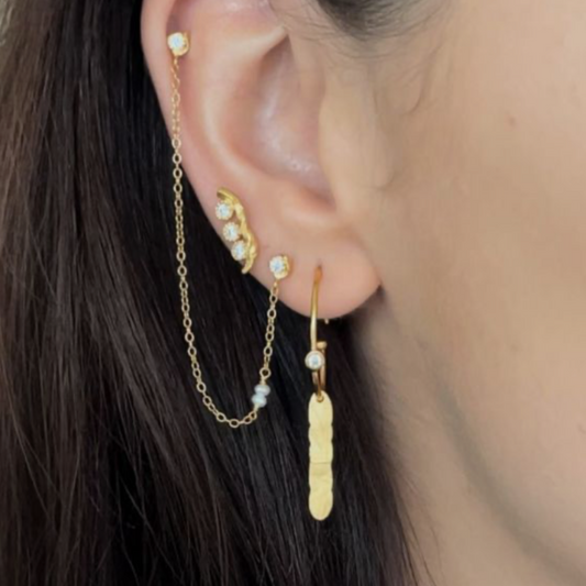 Twin Flow Earring With Stones, Chain & Pearls - Gold